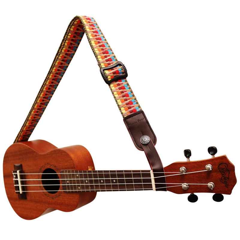 MUSIC FIRST Hawaii Woven Rainbow Adjustable Meshbelt & Genuine Leather Ukulele Strap Shoulder Strap version 2.0 With a Genuine Leather Strap Locker - Image 2